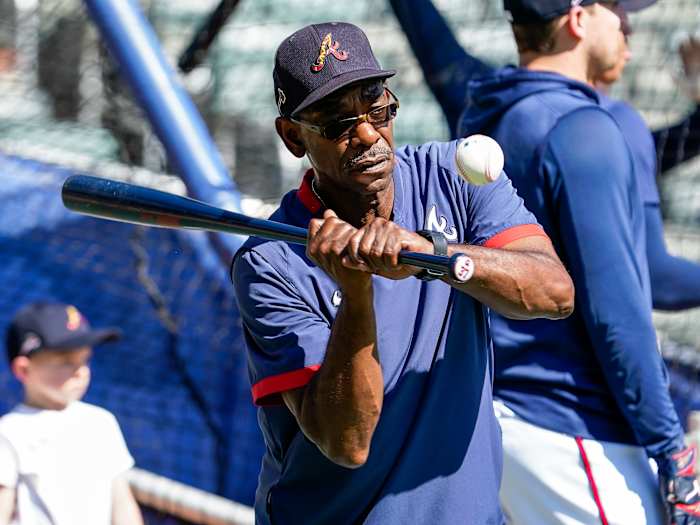 Oct 15, 2021; Atlanta, GA, USA; Atlanta Braves third base coach Ron Washington (37) shown during the team workout for the NLCS at Truist Park.